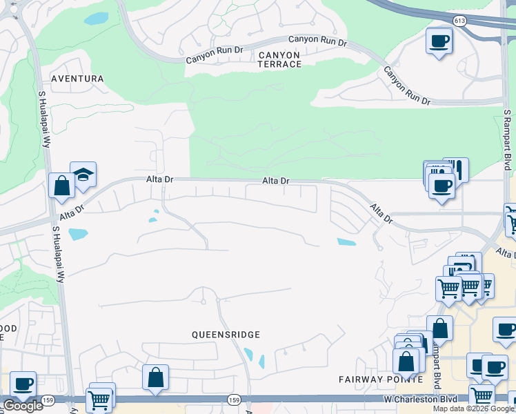 map of restaurants, bars, coffee shops, grocery stores, and more near 9421 Queen Charlotte Drive in Las Vegas
