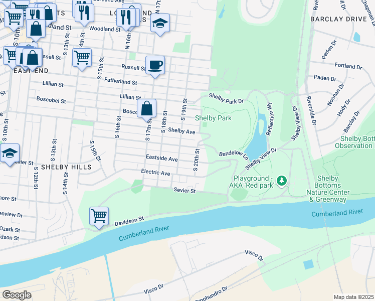 map of restaurants, bars, coffee shops, grocery stores, and more near 1902 Eastside Avenue in Nashville