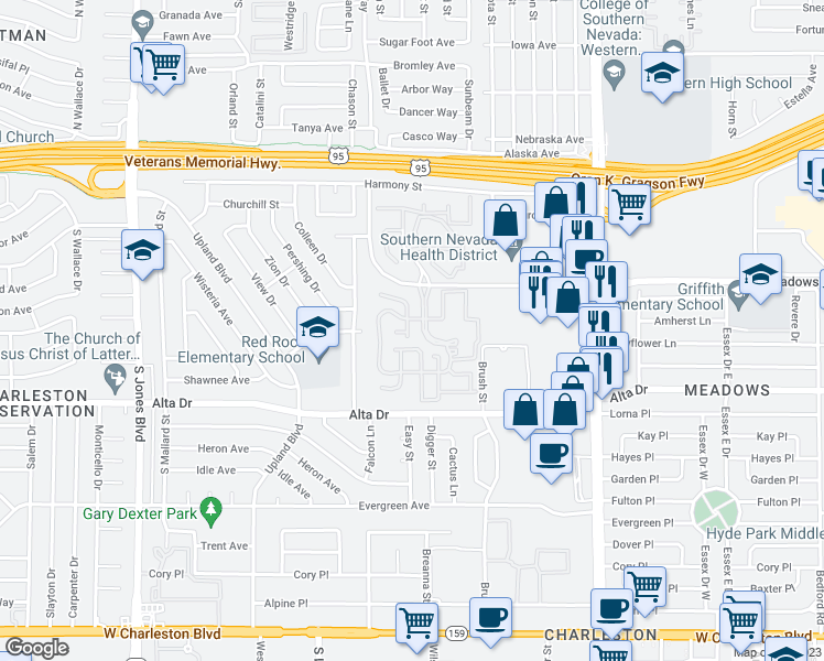 map of restaurants, bars, coffee shops, grocery stores, and more near 5300 Fieldstone in Las Vegas