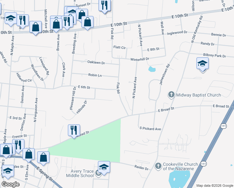 map of restaurants, bars, coffee shops, grocery stores, and more near 534 Fisk Road in Cookeville