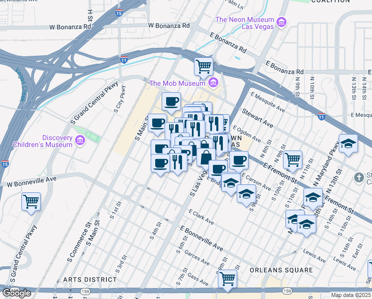 map of restaurants, bars, coffee shops, grocery stores, and more near 302 East Carson Avenue in Las Vegas