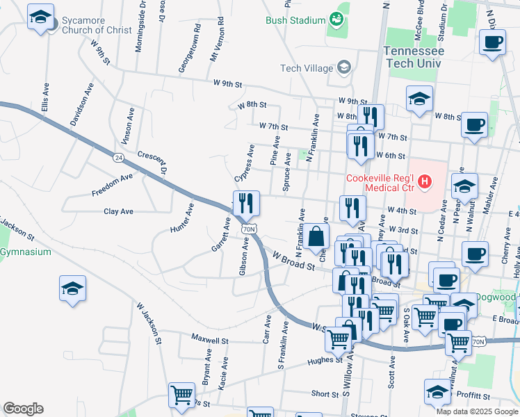 map of restaurants, bars, coffee shops, grocery stores, and more near 559 West Broad Street in Cookeville