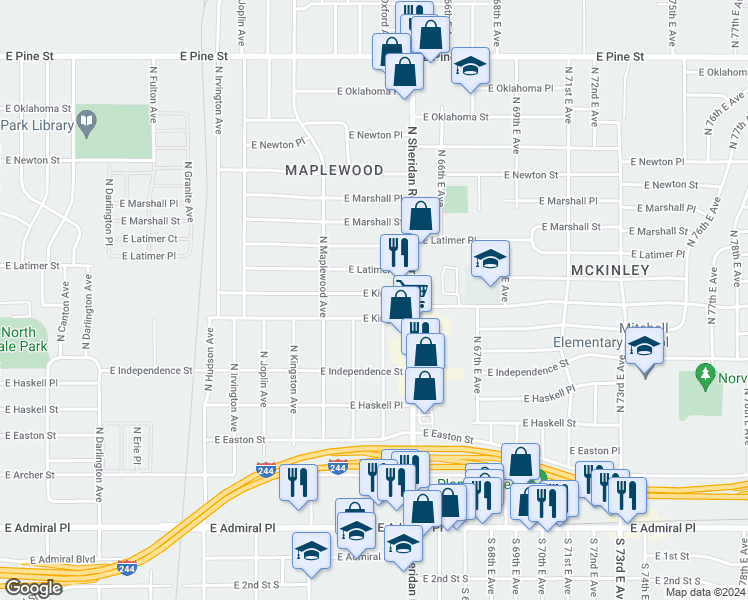 map of restaurants, bars, coffee shops, grocery stores, and more near 6250 East King Place in Tulsa