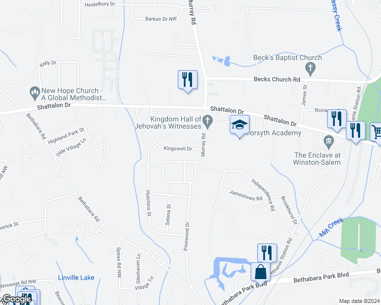 map of restaurants, bars, coffee shops, grocery stores, and more near 5384 Kingswell Drive in Winston-Salem