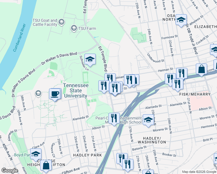 map of restaurants, bars, coffee shops, grocery stores, and more near 2806 John A Merritt Boulevard in Nashville