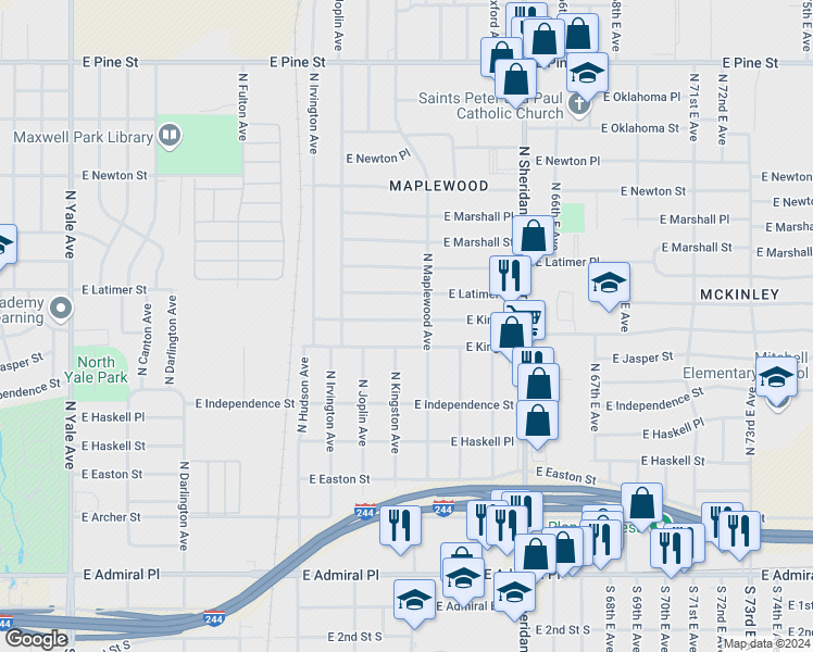 map of restaurants, bars, coffee shops, grocery stores, and more near 5962 East King Place in Tulsa
