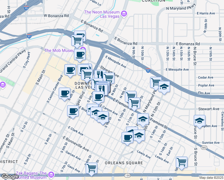 map of restaurants, bars, coffee shops, grocery stores, and more near 800 East Fremont Street in Las Vegas