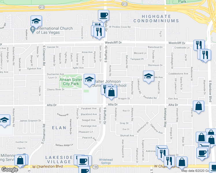 map of restaurants, bars, coffee shops, grocery stores, and more near 332 Huntly Road in Las Vegas