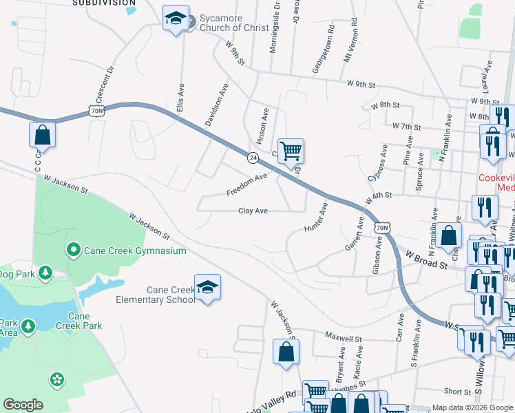 map of restaurants, bars, coffee shops, grocery stores, and more near 860 Clay Avenue in Cookeville