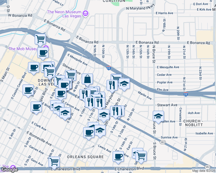 map of restaurants, bars, coffee shops, grocery stores, and more near 217 North 11th Street in Las Vegas