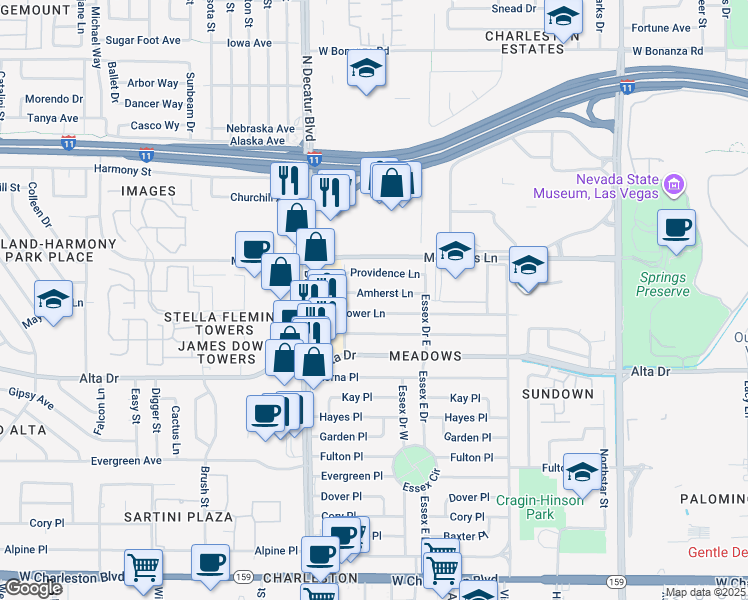 map of restaurants, bars, coffee shops, grocery stores, and more near 4605 Mayflower Lane in Las Vegas