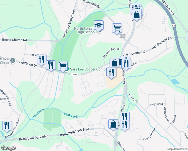 map of restaurants, bars, coffee shops, grocery stores, and more near 5013 Eltha Drive in Winston-Salem
