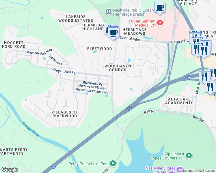 map of restaurants, bars, coffee shops, grocery stores, and more near 1010 Riverwood Village Boulevard in Nashville