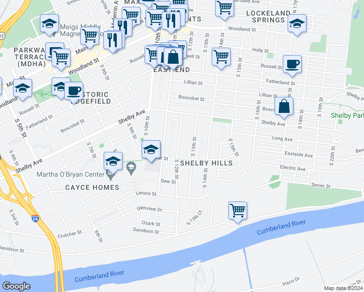 map of restaurants, bars, coffee shops, grocery stores, and more near in Nashville