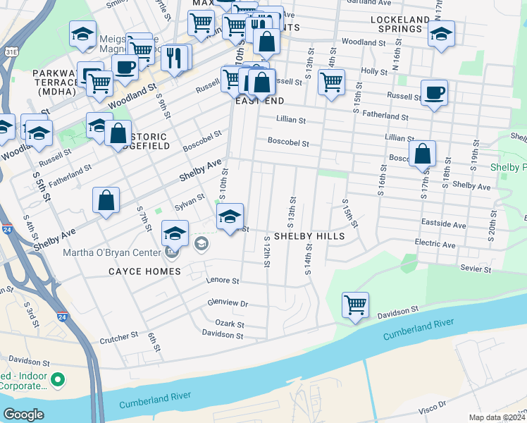 map of restaurants, bars, coffee shops, grocery stores, and more near in Nashville