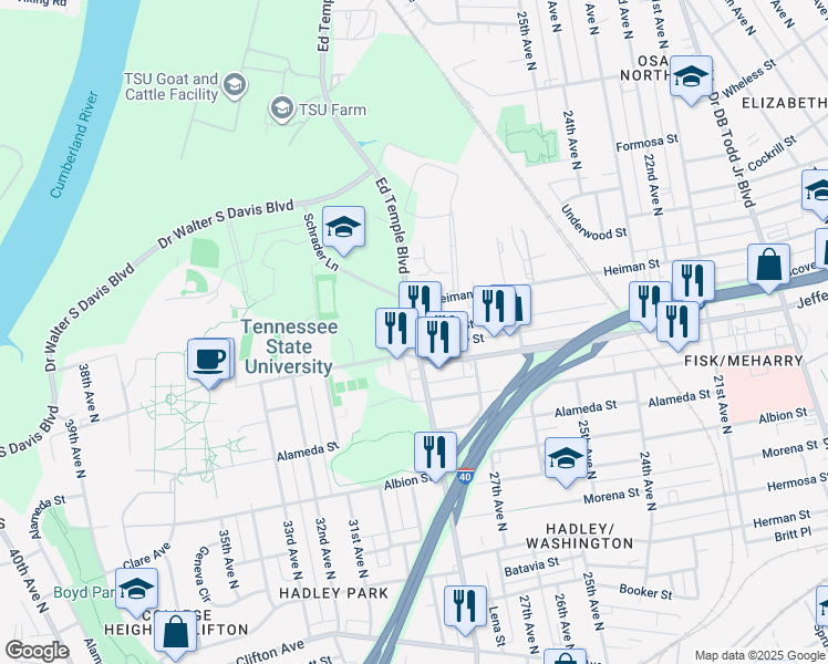 map of restaurants, bars, coffee shops, grocery stores, and more near 2806 John A Merritt Boulevard in Nashville