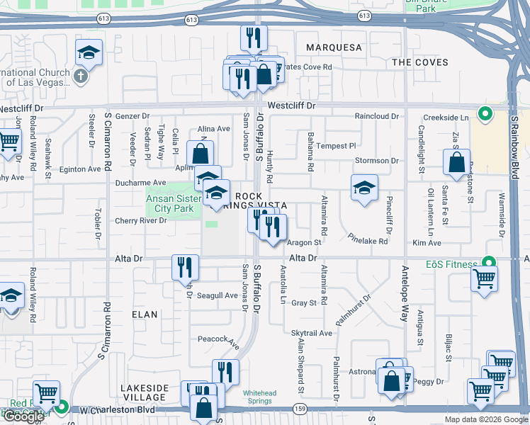 map of restaurants, bars, coffee shops, grocery stores, and more near 332 Huntly Road in Las Vegas