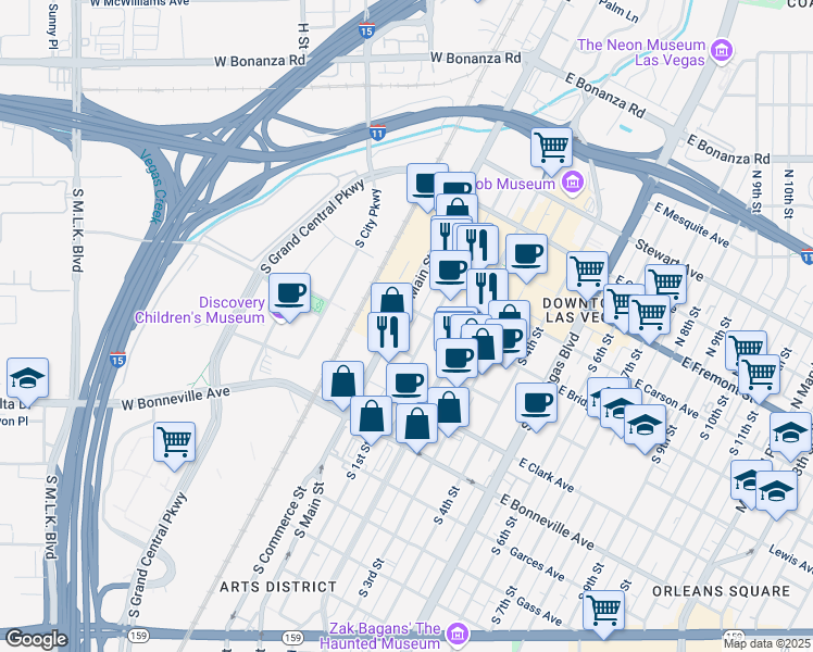 map of restaurants, bars, coffee shops, grocery stores, and more near 16 Lewis Avenue in Las Vegas