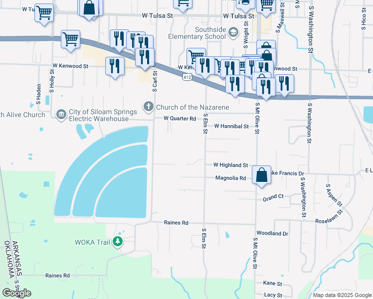 map of restaurants, bars, coffee shops, grocery stores, and more near 2014 South Elm Street in Siloam Springs