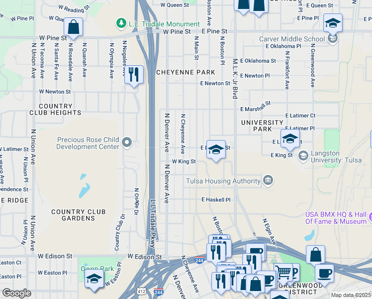 map of restaurants, bars, coffee shops, grocery stores, and more near 1021 N Cheyenne Ave in Tulsa
