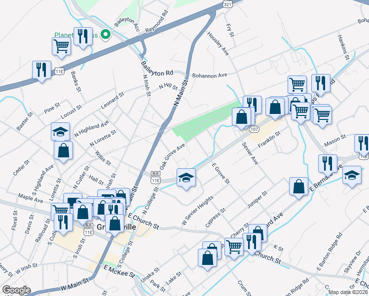 map of restaurants, bars, coffee shops, grocery stores, and more near 408 Oak Grove Avenue in Greeneville