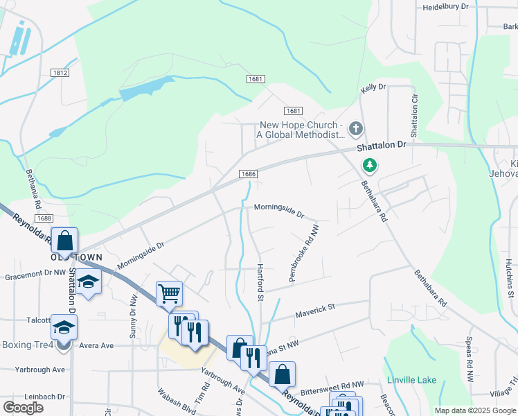 map of restaurants, bars, coffee shops, grocery stores, and more near 4185 Morningside Drive in Winston-Salem