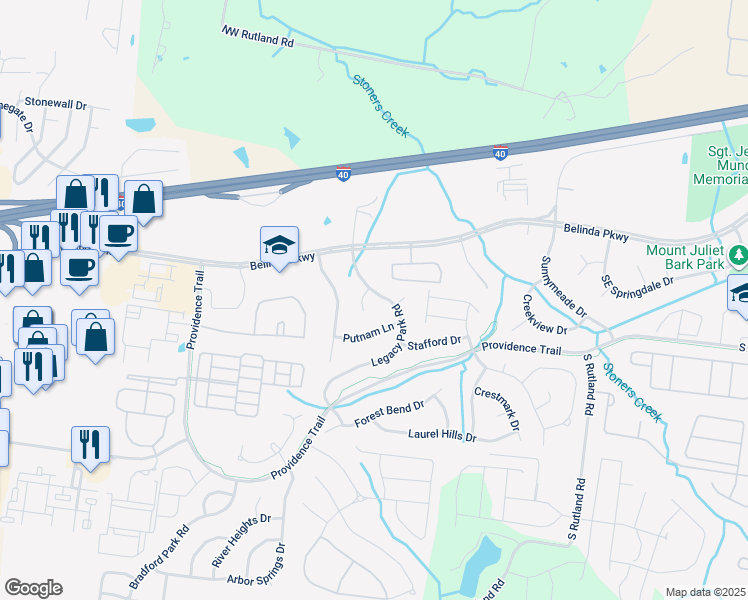 map of restaurants, bars, coffee shops, grocery stores, and more near 963 Legacy Park Road in Mount Juliet
