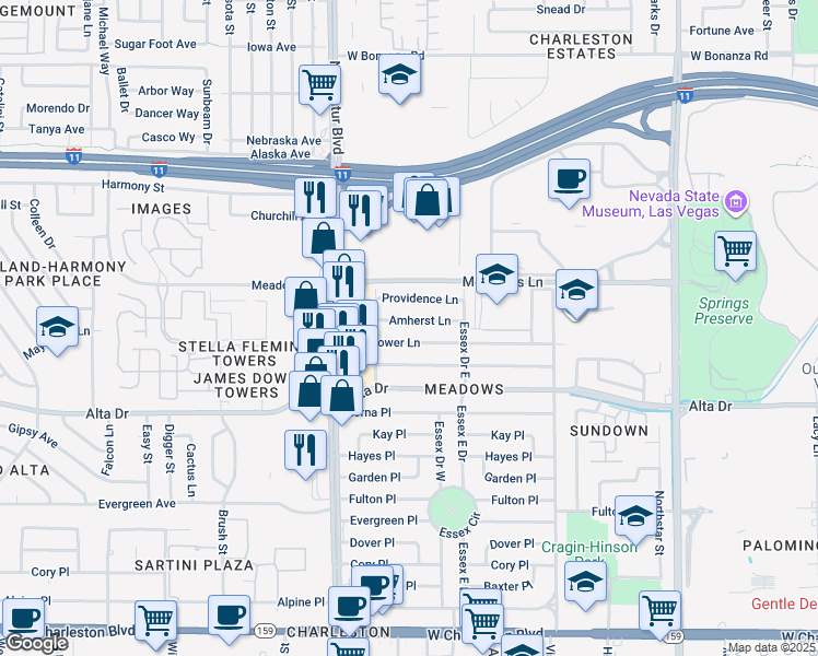 map of restaurants, bars, coffee shops, grocery stores, and more near 4605 Mayflower Lane in Las Vegas