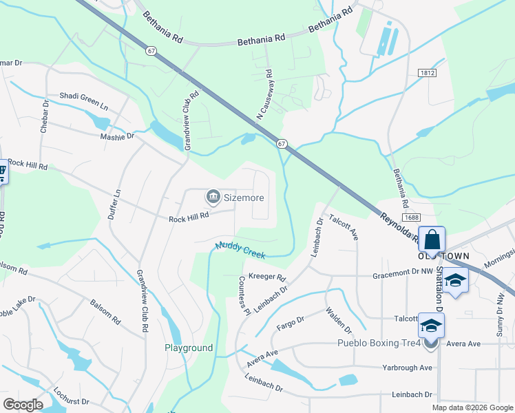 map of restaurants, bars, coffee shops, grocery stores, and more near 4656 Olivine Lane in Pfafftown