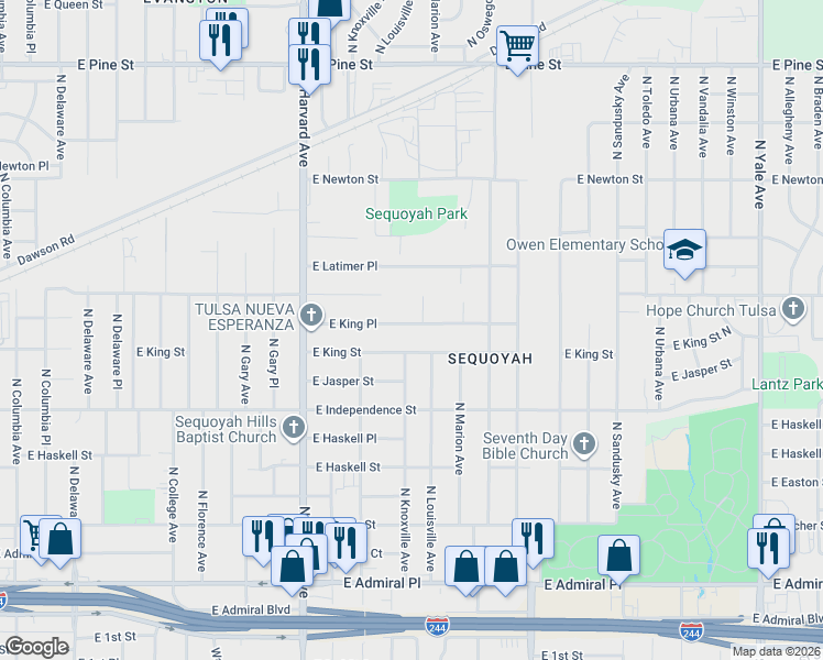 map of restaurants, bars, coffee shops, grocery stores, and more near 1043 North Louisville Avenue in Tulsa