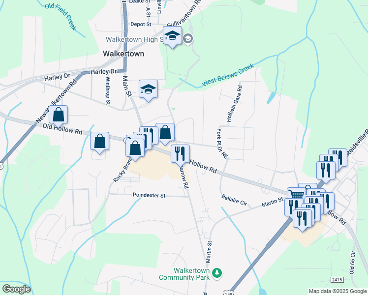 map of restaurants, bars, coffee shops, grocery stores, and more near 3166 Ruxton Drive in Walkertown