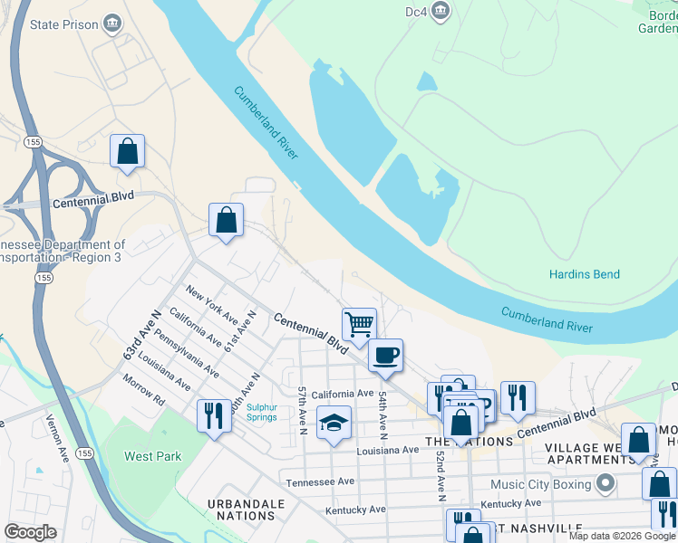 map of restaurants, bars, coffee shops, grocery stores, and more near 1650 54th Avenue North in Nashville