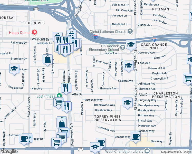 map of restaurants, bars, coffee shops, grocery stores, and more near 6536 Glen Martin Court in Las Vegas
