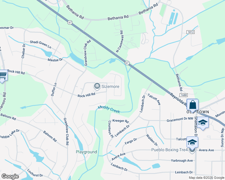 map of restaurants, bars, coffee shops, grocery stores, and more near 4661 Olivine Lane in Pfafftown