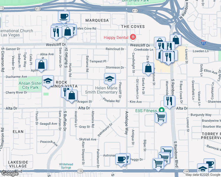 map of restaurants, bars, coffee shops, grocery stores, and more near 7101 Pinedale Avenue in Las Vegas