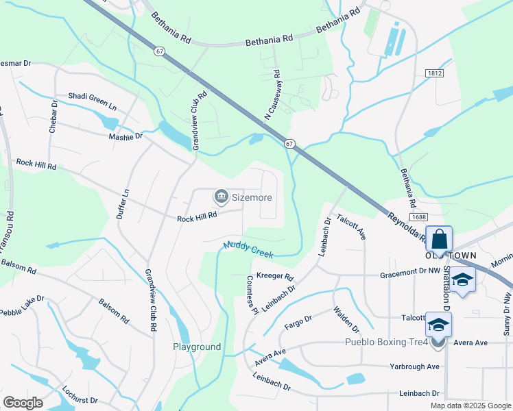 map of restaurants, bars, coffee shops, grocery stores, and more near 4661 Olivine Lane in Pfafftown