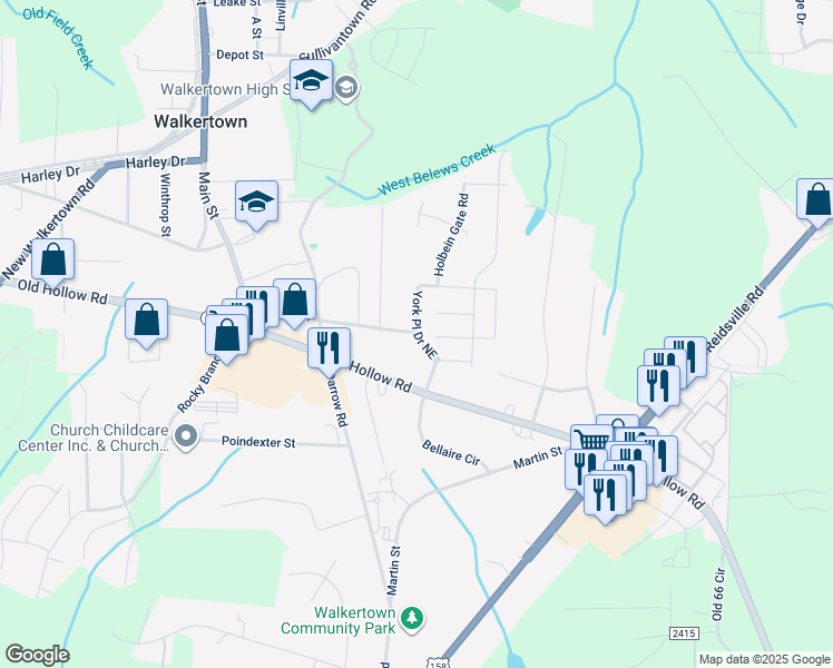 map of restaurants, bars, coffee shops, grocery stores, and more near 3160 York Place Drive Northeast in Walkertown