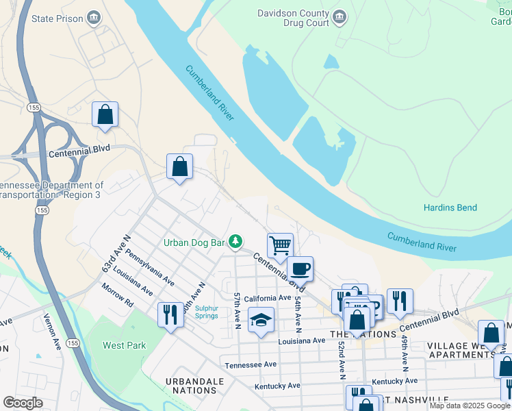 map of restaurants, bars, coffee shops, grocery stores, and more near 1650 54th Avenue North in Nashville