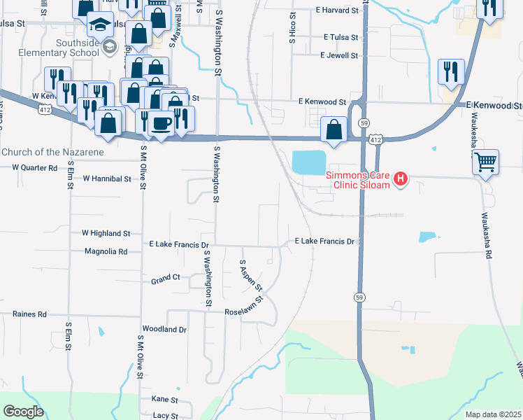 map of restaurants, bars, coffee shops, grocery stores, and more near 801 East Lake Francis Drive in Siloam Springs