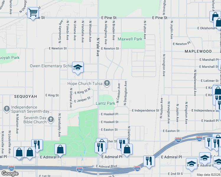 map of restaurants, bars, coffee shops, grocery stores, and more near in Tulsa