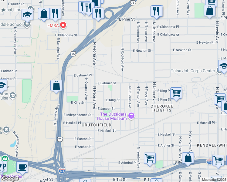map of restaurants, bars, coffee shops, grocery stores, and more near 1051 North Quincy Avenue in Tulsa