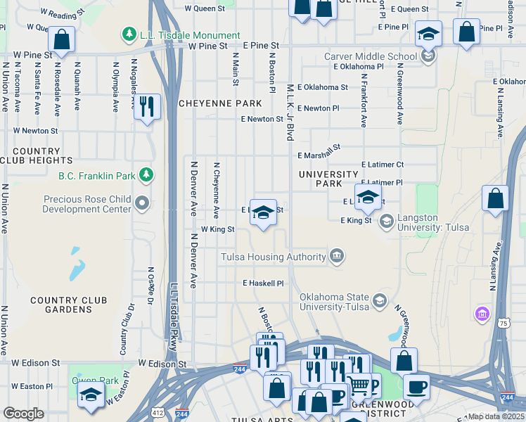map of restaurants, bars, coffee shops, grocery stores, and more near 112 East Latimer Place in Tulsa
