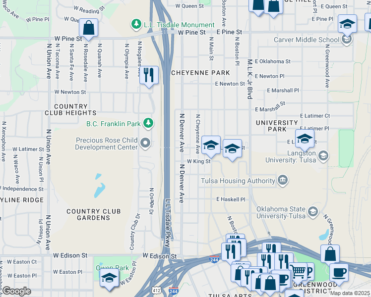 map of restaurants, bars, coffee shops, grocery stores, and more near 1118 North Cheyenne Avenue in Tulsa