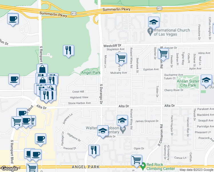 map of restaurants, bars, coffee shops, grocery stores, and more near 350 South Durango Drive in Las Vegas