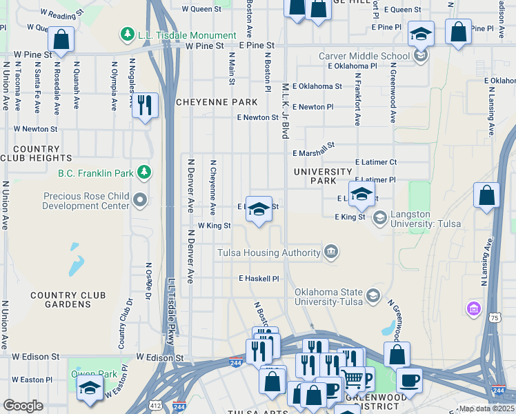 map of restaurants, bars, coffee shops, grocery stores, and more near 112 East Latimer Place in Tulsa