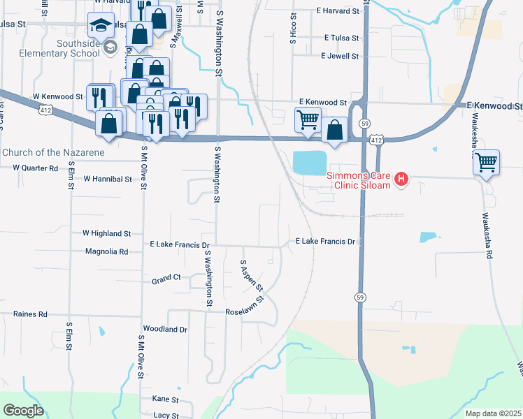 map of restaurants, bars, coffee shops, grocery stores, and more near 801 East Lake Francis Drive in Siloam Springs