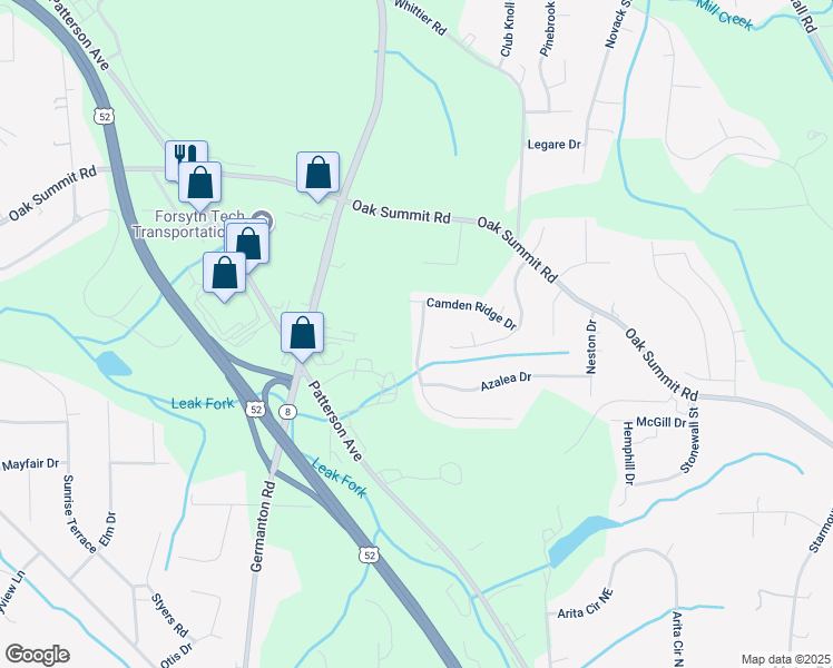 map of restaurants, bars, coffee shops, grocery stores, and more near 5470 Northridge Drive in Winston-Salem