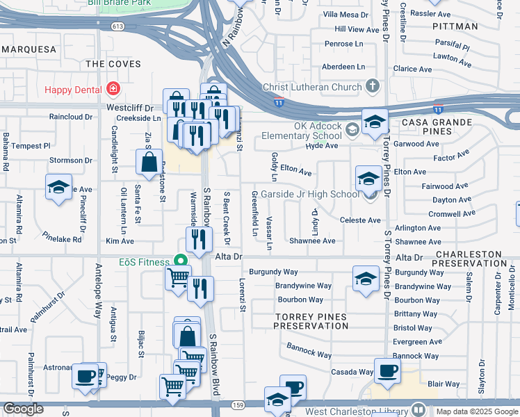 map of restaurants, bars, coffee shops, grocery stores, and more near 325 Greenfield Lane in Las Vegas