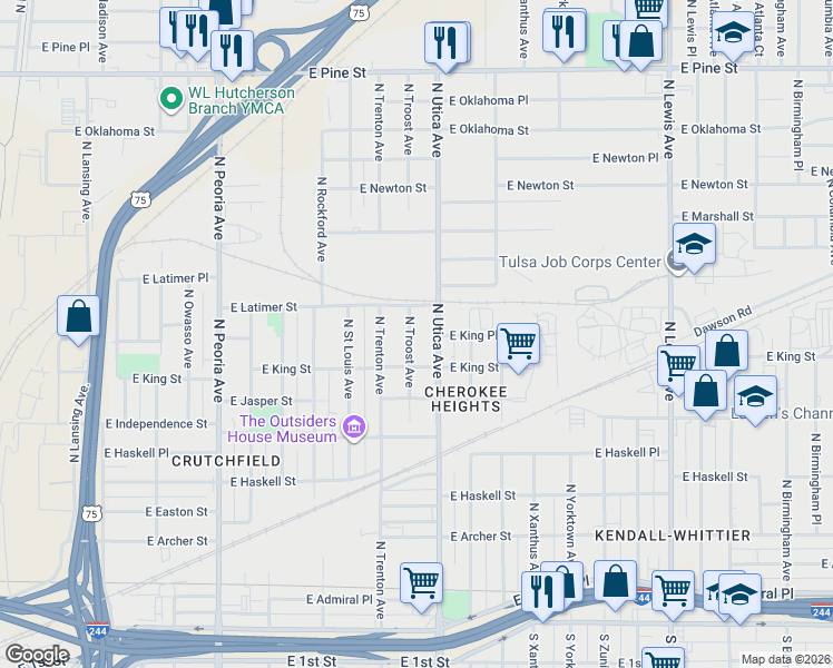 map of restaurants, bars, coffee shops, grocery stores, and more near 1048 North Troost Avenue in Tulsa