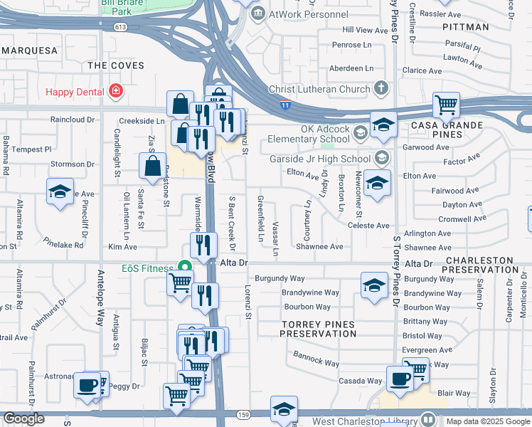 map of restaurants, bars, coffee shops, grocery stores, and more near 325 Greenfield Lane in Las Vegas